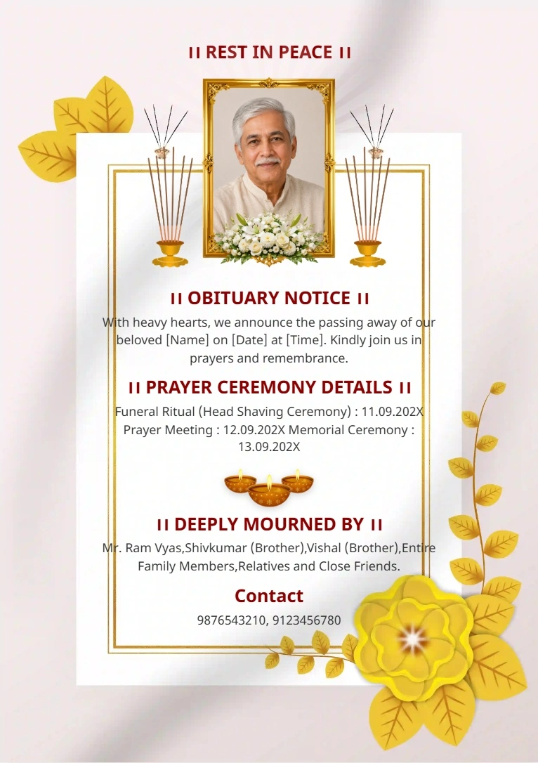 English funeral invitation and memorial condolence card template design