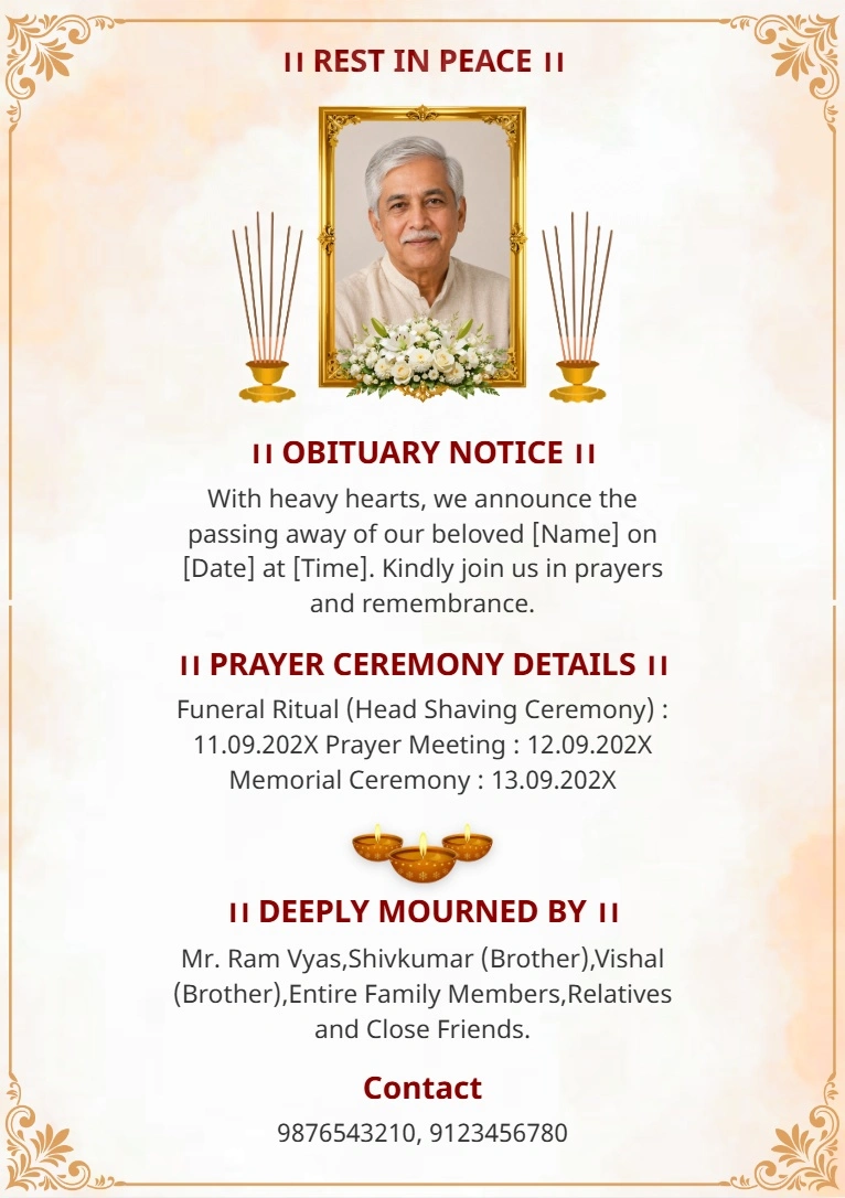 English memorial and condolence card template